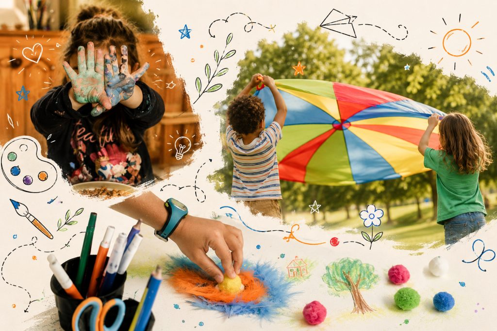 Enfants qui jouent, bricolent et explorent différentes activités créatives