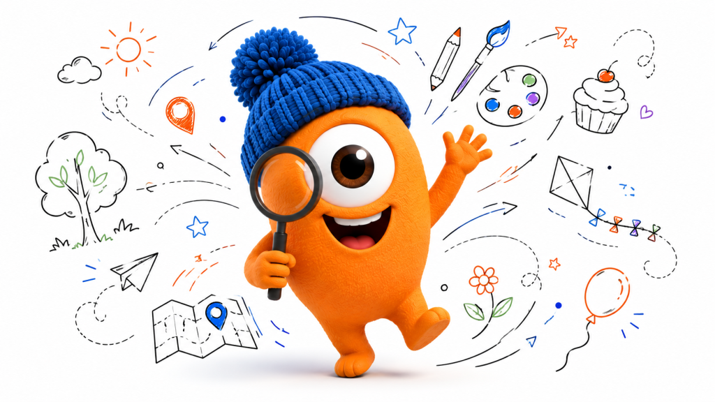 Pompon, la mascotte de Pompon Partout, entouré d’illustrations représentant des activités, des sorties et des découvertes en famille.