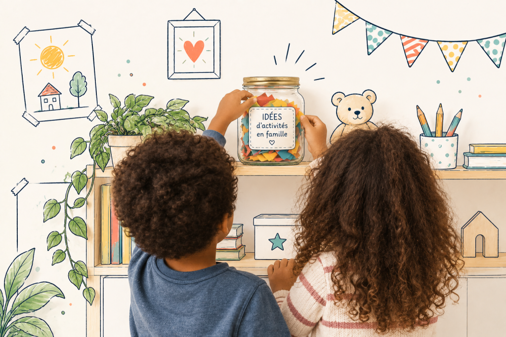 Deux enfants, vus de dos, prennent un bocal rempli de petits papiers colorés proposant des idées d’activités en famille.