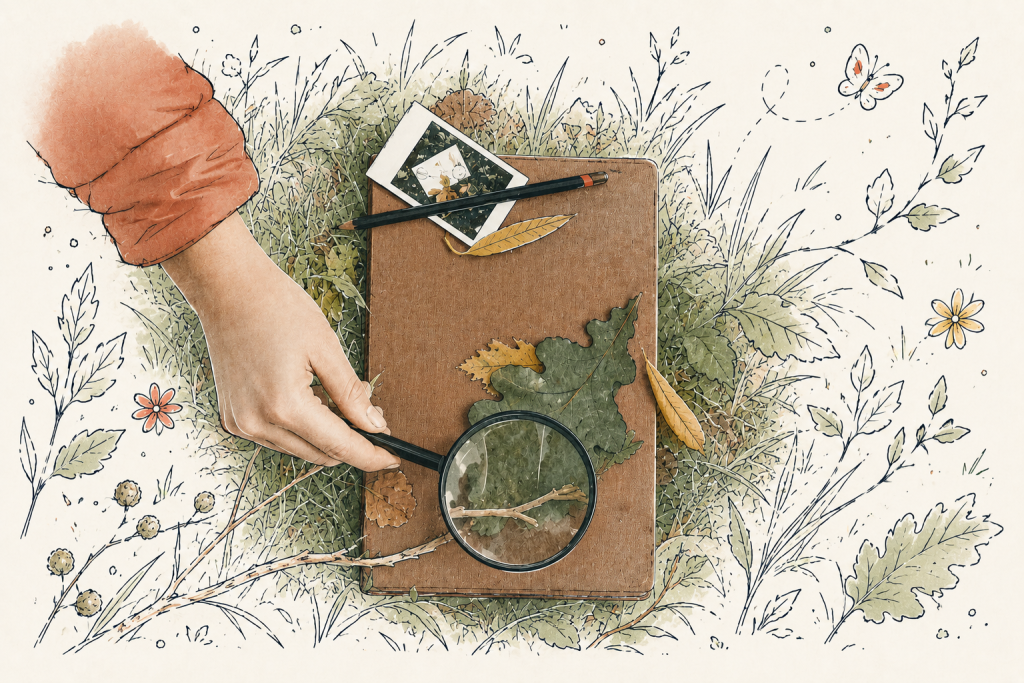 Activité d'observation de la nature avec une loupe, des feuilles et un carnet