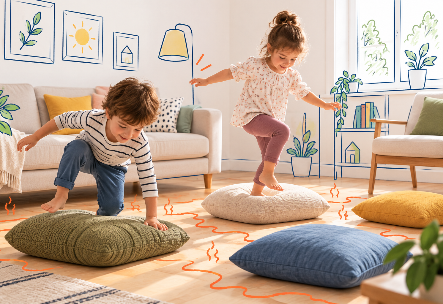 Deux enfants se déplacent sur des coussins sans toucher le sol pendant le jeu « Le sol est de la lave ».