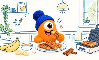 Pompon déguste des churros à la gaufre et à la banane dans une cuisine.