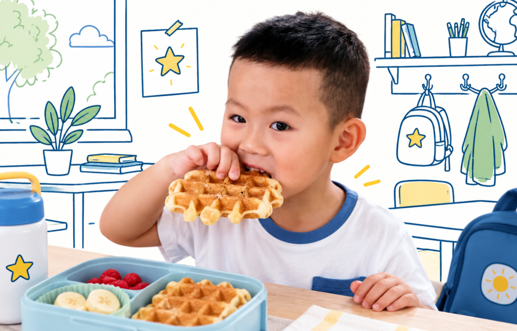 Enfant mangeant un churro à la gaufre et à la banane à l’école, accompagné d’une boîte à lunch avec des fruits.