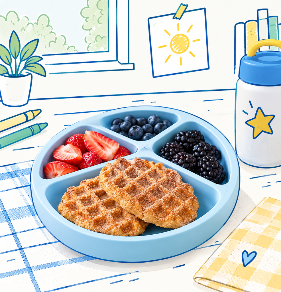 Churros à la gaufre et à la banane servis avec des fraises et des mûres dans une assiette compartimentée pour enfant.