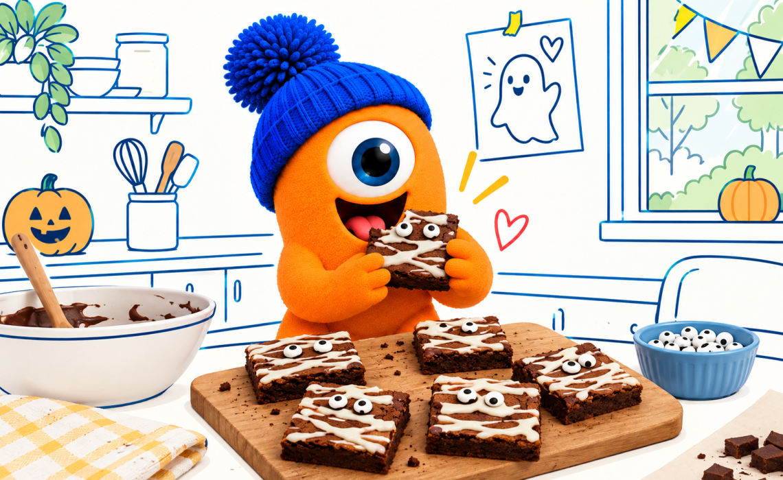 Pompon mange un brownie momifié décoré de glaçage blanc et de petits yeux dans une cuisine aux décors d’Halloween.