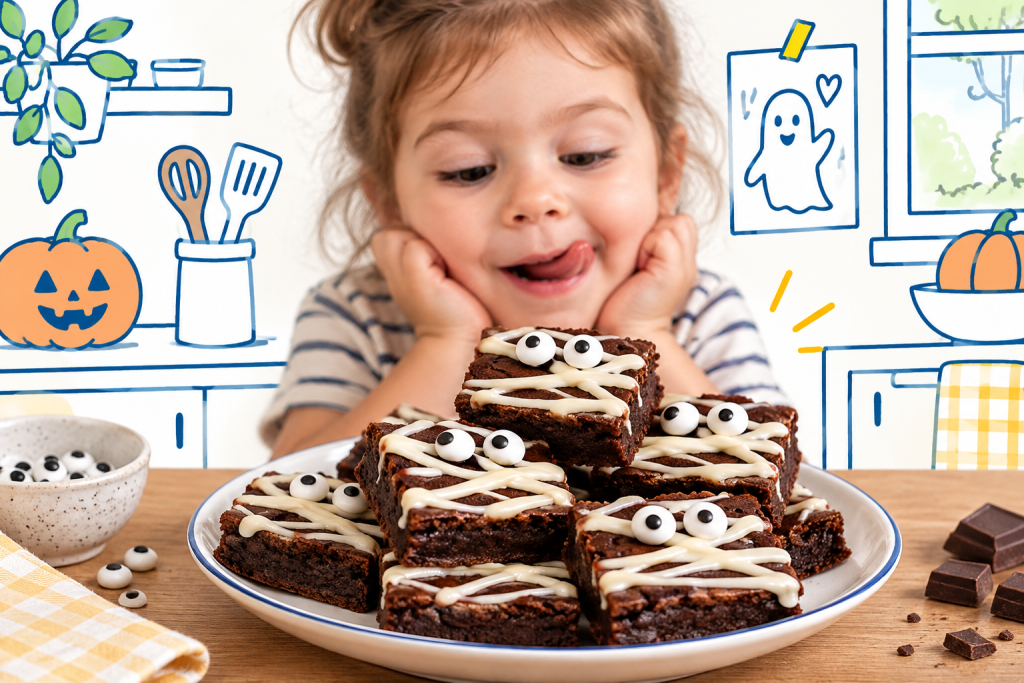 Enfant devant une assiette de brownies momifiés décorés de glaçage blanc et de petits yeux pour Halloween.