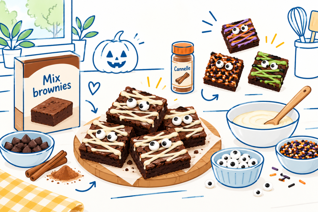Brownies momifiés décorés de glaçage, yeux en sucre et vermicelles, accompagnés d’idées simples pour varier la recette et la décoration d’Halloween.