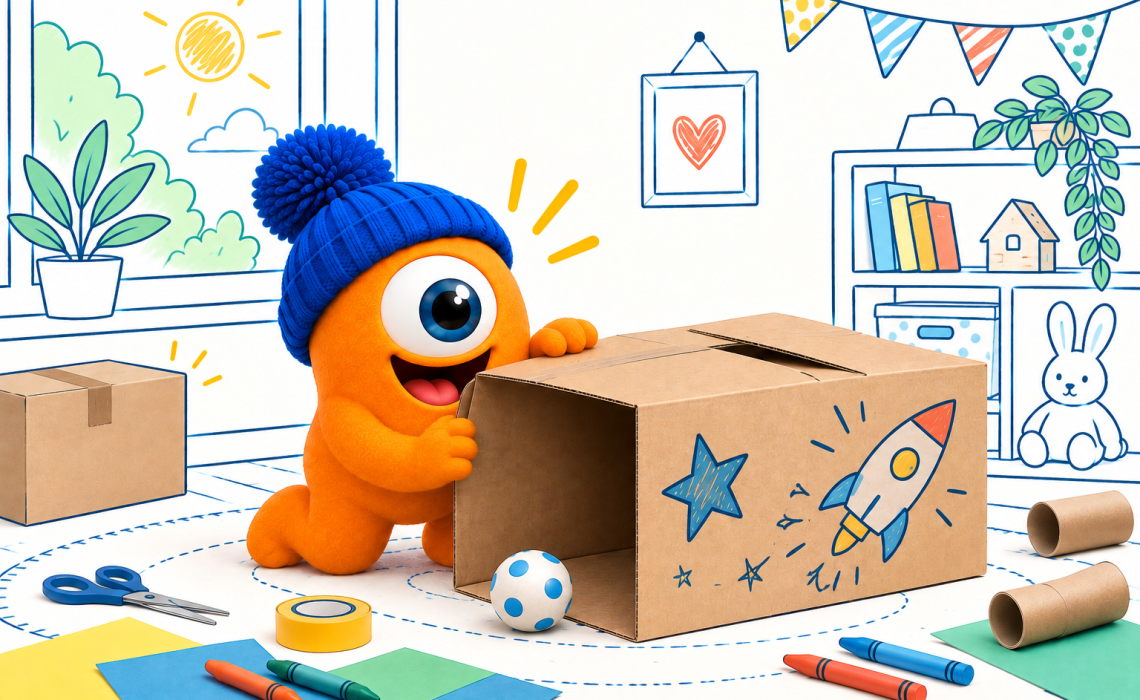Pompon joue avec une boîte en carton transformée en jeu, entouré de matériel de bricolage dans une chambre d’enfant.