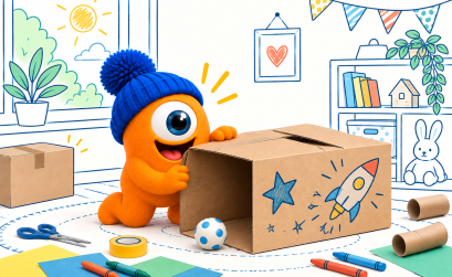 Pompon joue avec une boîte en carton transformée en jeu, entouré de matériel de bricolage dans une chambre d’enfant.