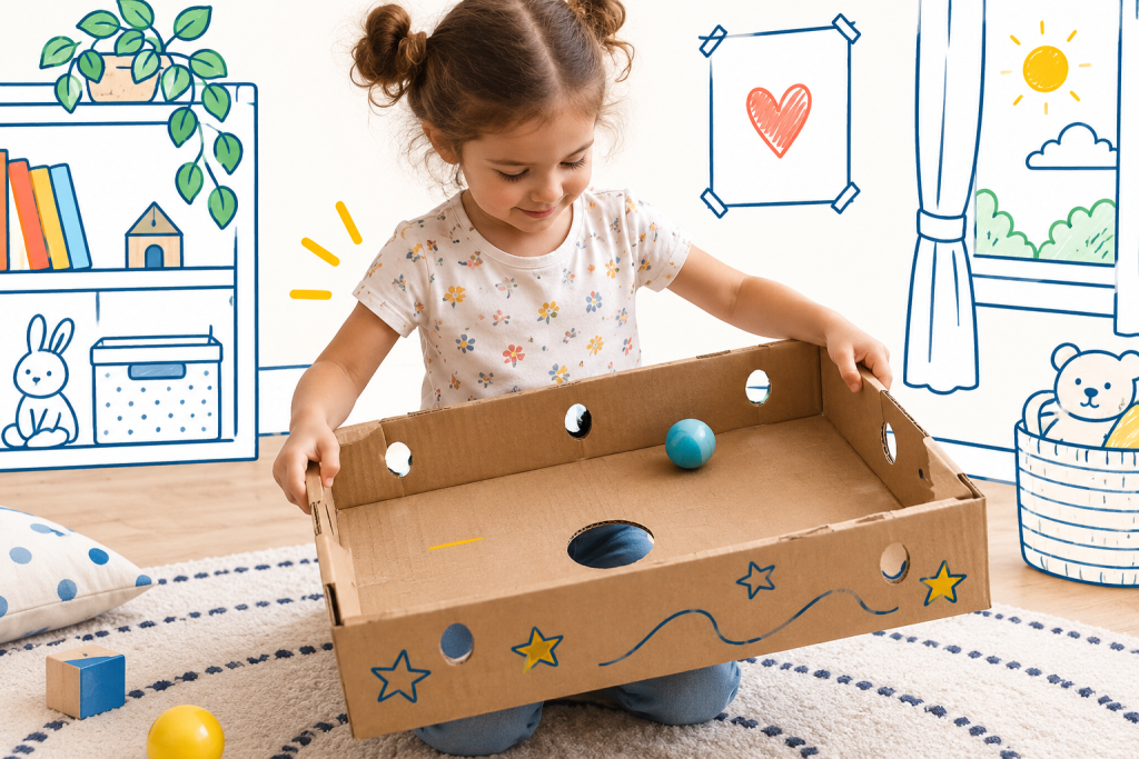 Enfant jouant à faire rouler une balle dans une boîte en carton percée de plusieurs trous.