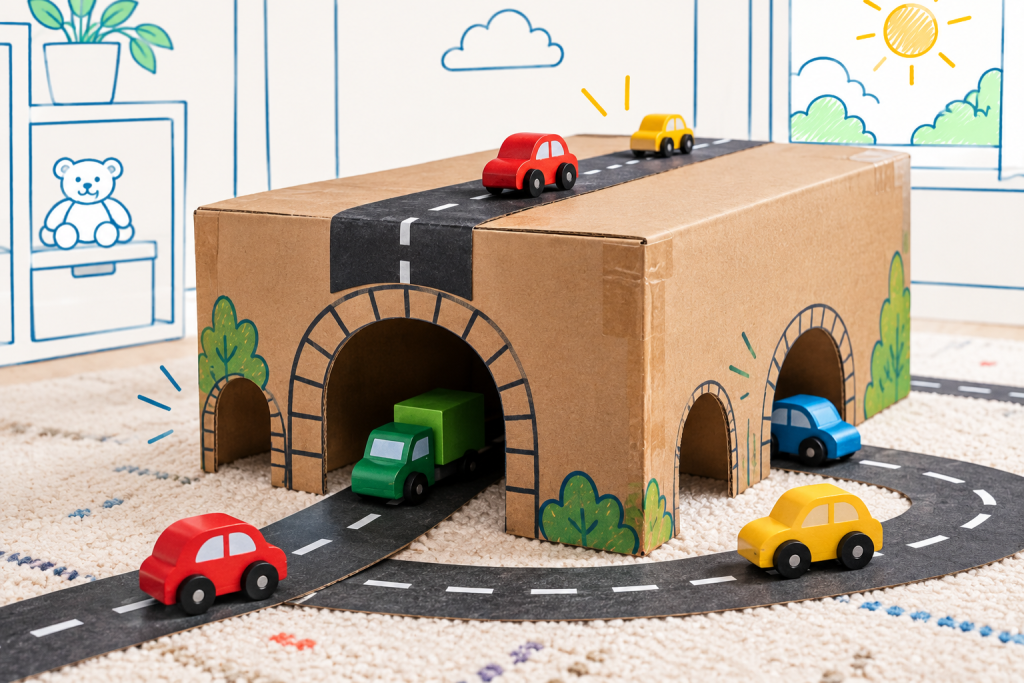 Tunnel fabriqué avec une boîte en carton et circuit de petites voitures pour une activité simple à faire avec les enfants.