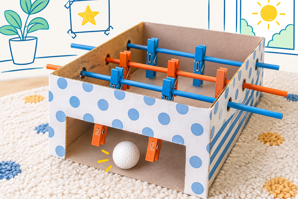 Mini-babyfoot fabriqué avec une boîte en carton, des pinces à linge colorées et une petite balle pour jouer avec les enfants.