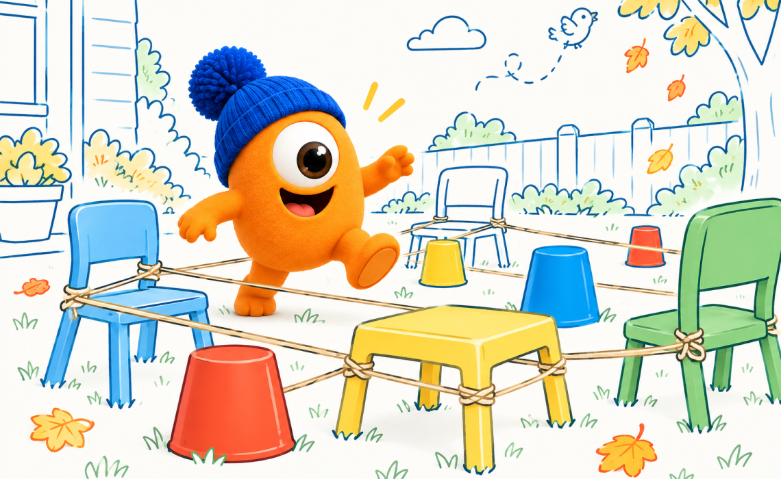 Pompon s’amuse dans un parcours d’obstacles fait de chaises, de cordes et de seaux dans le jardin.