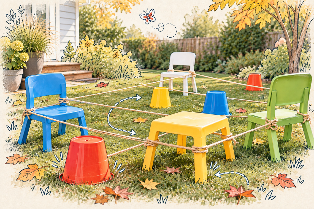 Labyrinthe fait maison dans un jardin avec des chaises, des cordes, des petits tabourets et des seaux colorés, entouré de quelques éléments en line art.