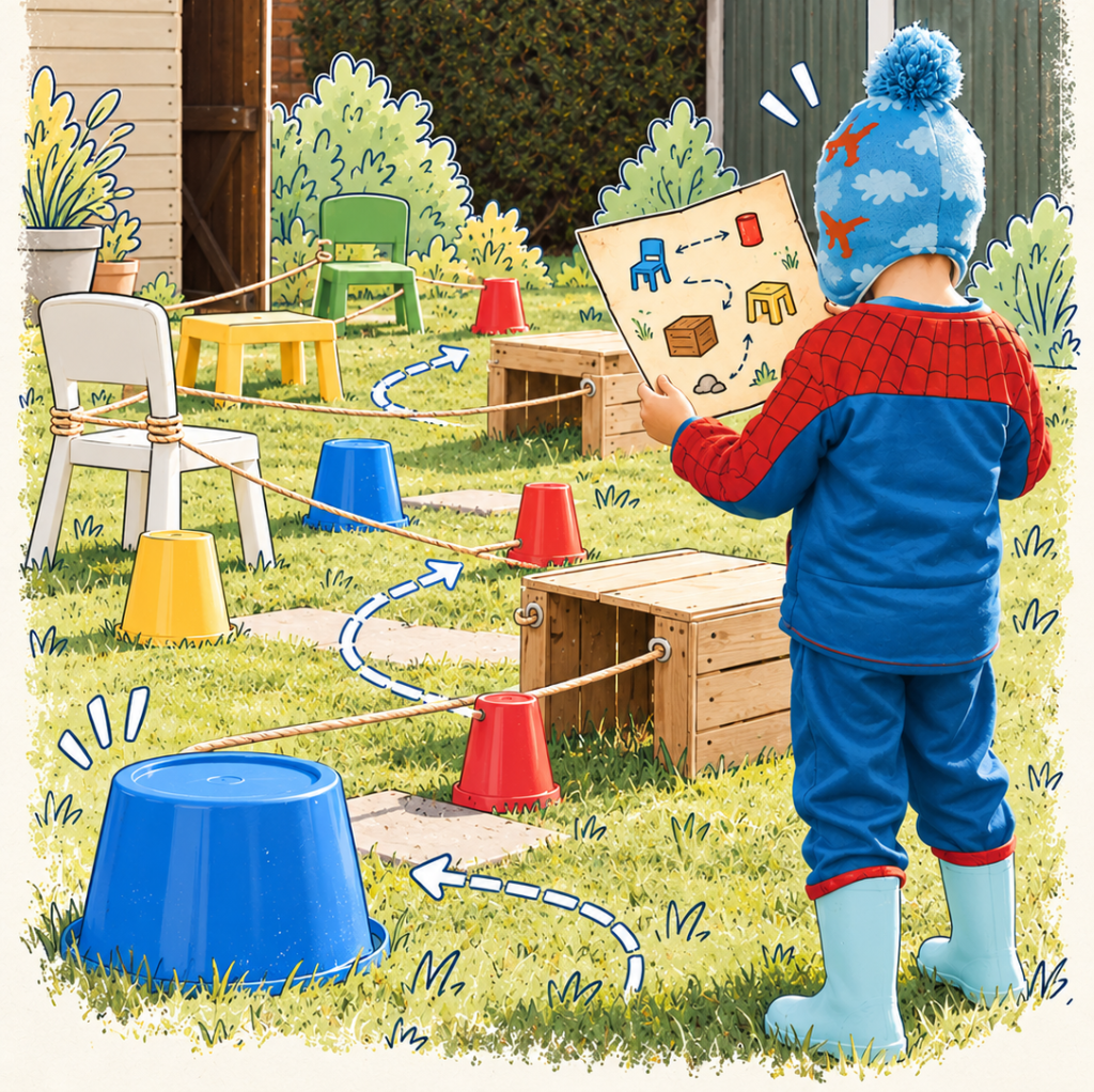 Enfant vu de dos tenant une carte illustrée de missions devant un labyrinthe de jardin composé de chaises, cordes, seaux et caisses.