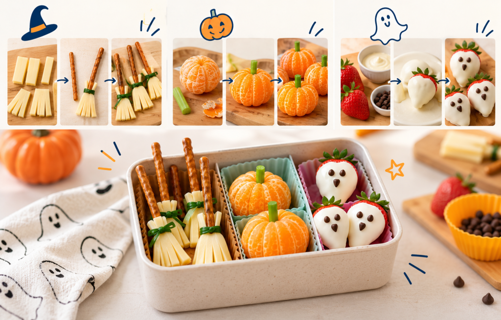 Étapes de préparation de trois collations d’Halloween : balais de sorcière au fromage, citrouilles de clémentine et fraises fantômes au chocolat blanc, présentées dans une boîte à lunch.
