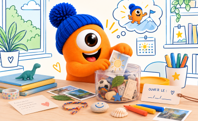 Pompon prépare une capsule temporelle dans un contenant transparent avec des photos, dessins et petits souvenirs, dans un décor familial en line art.