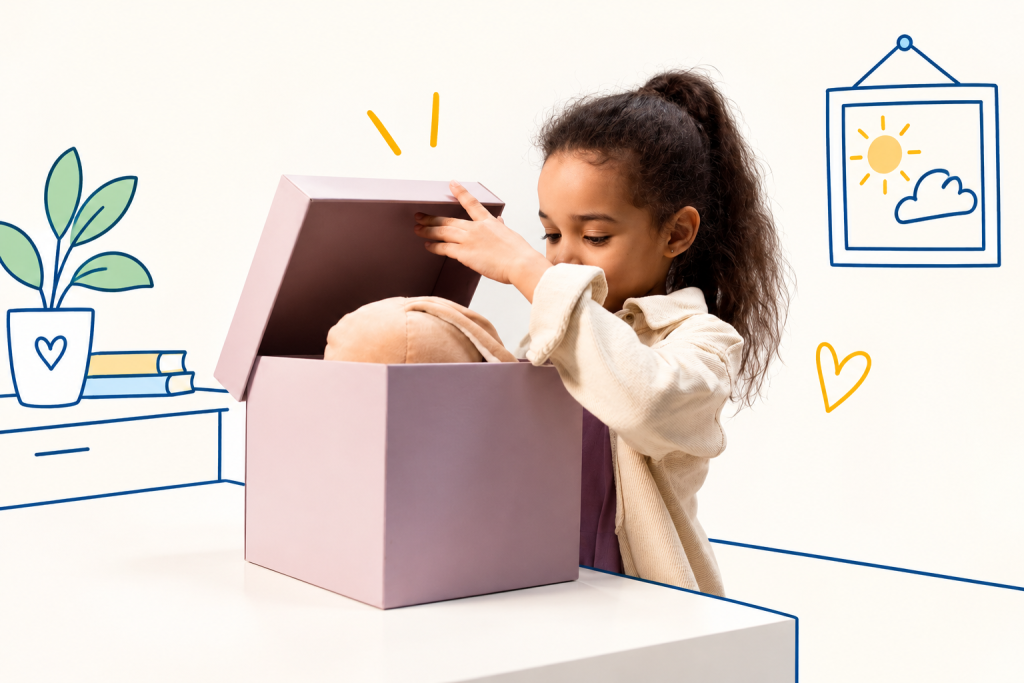 Enfant découvrant une boîte à souvenirs pour une capsule temporelle, dans un décor minimaliste avec quelques éléments en line art.