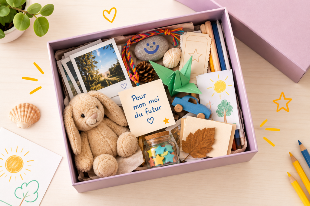 Boîte vue du dessus remplie de petits souvenirs pour une capsule temporelle, avec photos, dessins, peluche, bracelet, coquillage, feuille séchée et petits objets d’enfance.