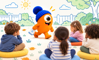 Pompon joue au facteur n’est pas passé dehors avec des enfants assis en cercle sur des coussins et les mains devant les yeux.