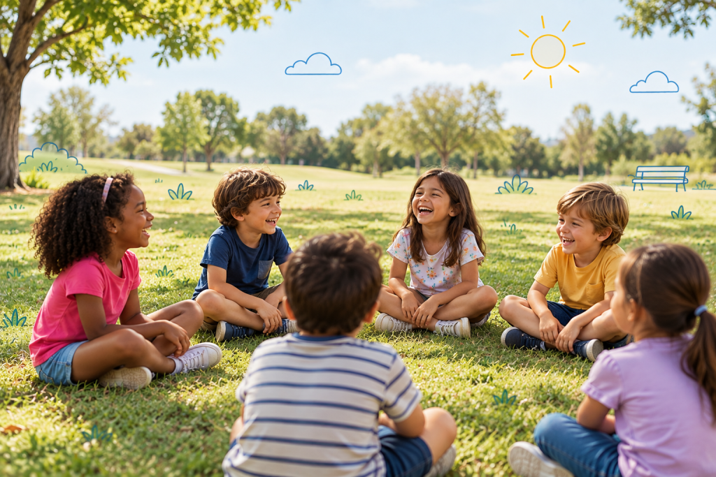 Enfants est assis en cercle dans un parc pour jouer au jeu du facteur n’est pas passé.
