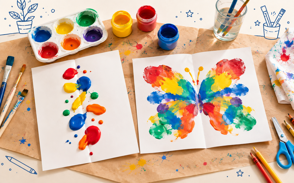 Étapes d’un papillon symétrique en peinture : des gouttes de peinture sont déposées sur une feuille avant de la plier pour créer le papillon.
