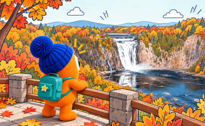 Pompon admire les chutes Montmorency entourées des couleurs d’automne lors d’une sortie en famille au Québec.