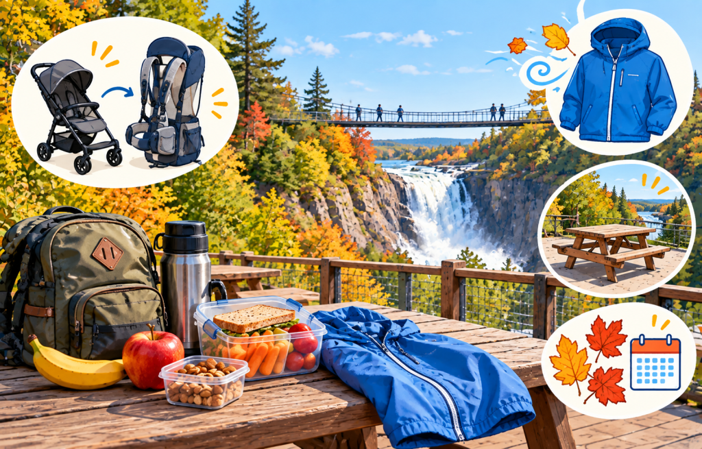 Sac à dos, collation, veste coupe-vent, poussette et porte-bébé devant la chute Montmorency aux couleurs d’automne, pour préparer une sortie en famille.