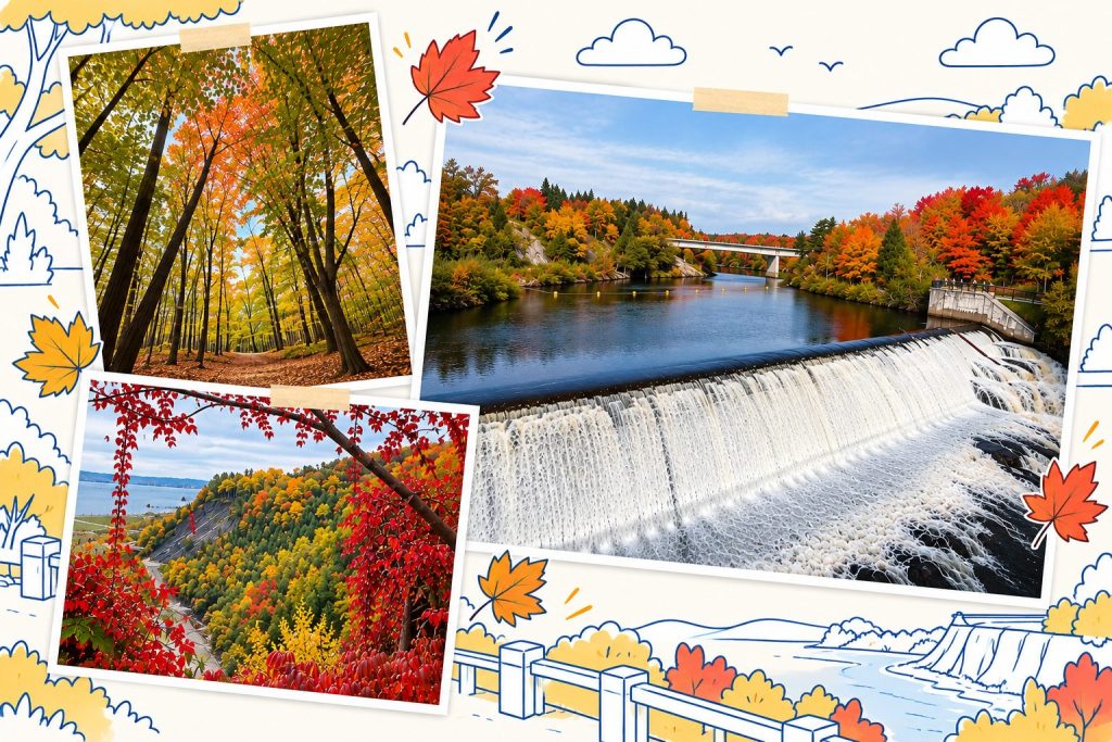 Montage de trois paysages des chutes Montmorency en automne, avec la chute, la forêt et les feuillages colorés du Québec.