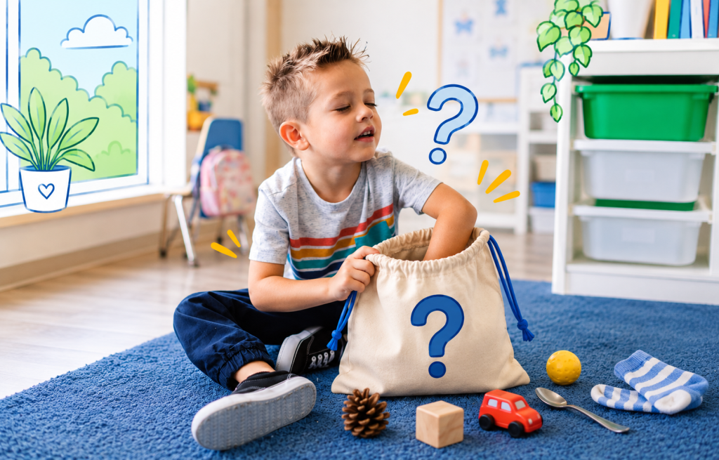 Un enfant glisse sa main dans un sac mystère pour reconnaître un objet par le toucher, avec plusieurs objets du quotidien posés autour de lui.