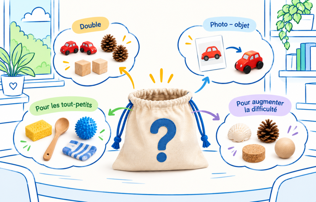 Sac mystère entouré de différentes variantes du jeu tactile : retrouver des objets identiques, associer une photo à un objet et reconnaître différentes formes et textures.