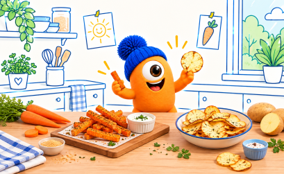 Pompon présente des bâtonnets de carotte croustillants et des chips de pomme de terre dans une cuisine illustrée.