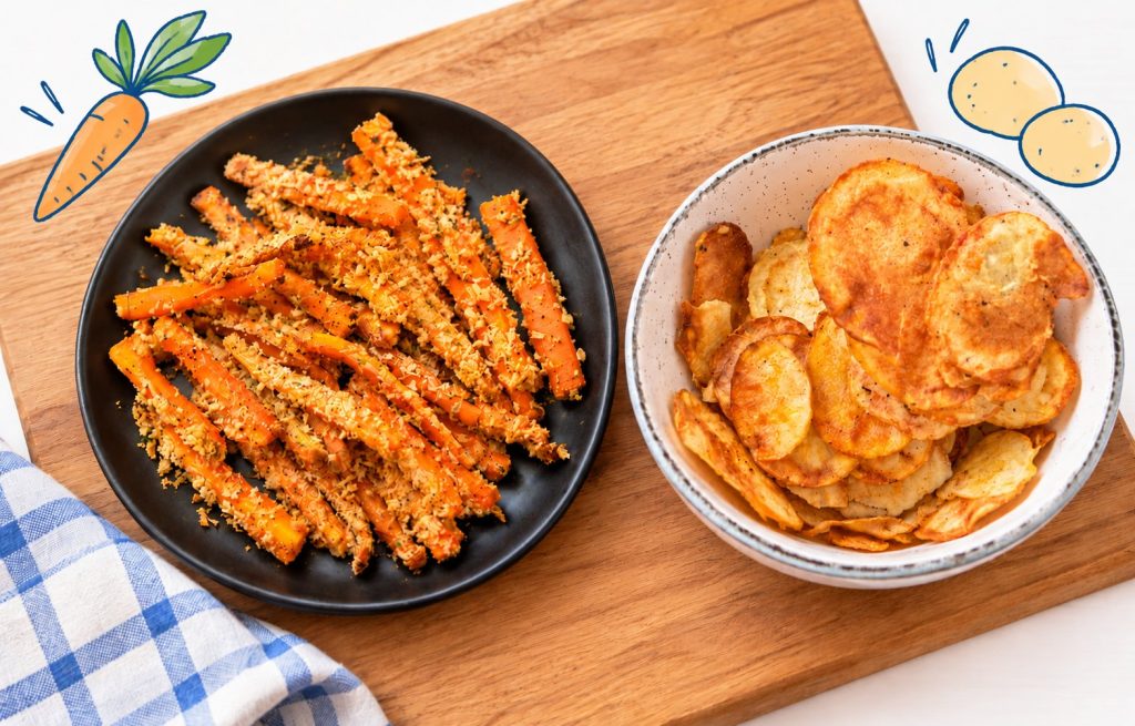 Bâtonnets de carotte croustillants et chips de pomme de terre maison présentés sur une planche en bois.