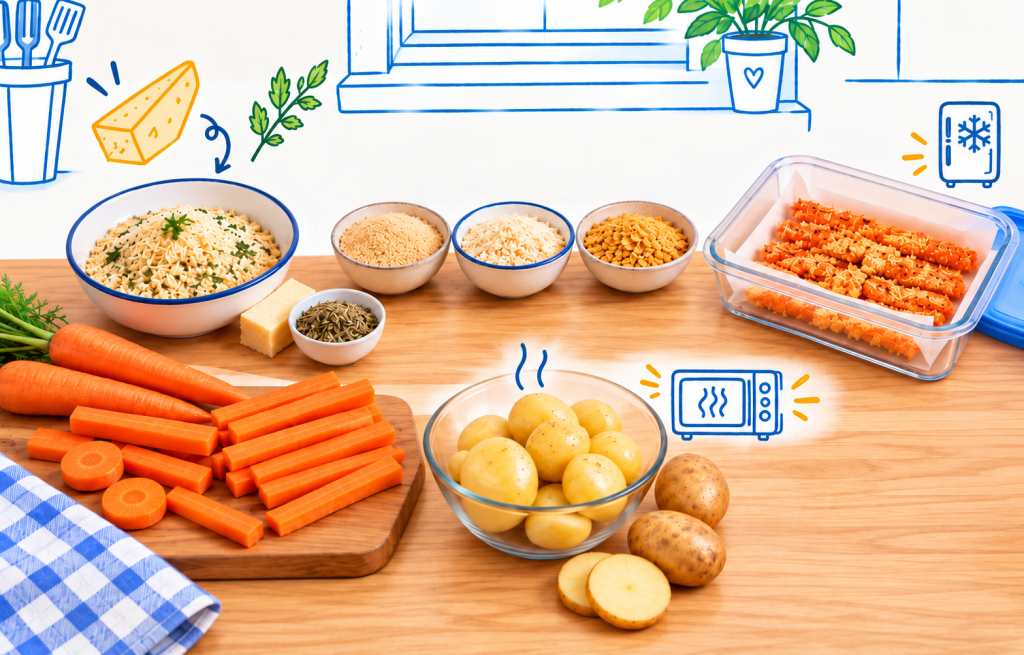 Bâtonnets de carottes panés et pommes de terre préparés avec différentes options d’enrobage pour des collations croustillantes faciles.