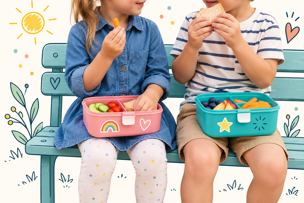 Deux enfants assis sur un banc mangeant une collation dans leur boîte à lunch.