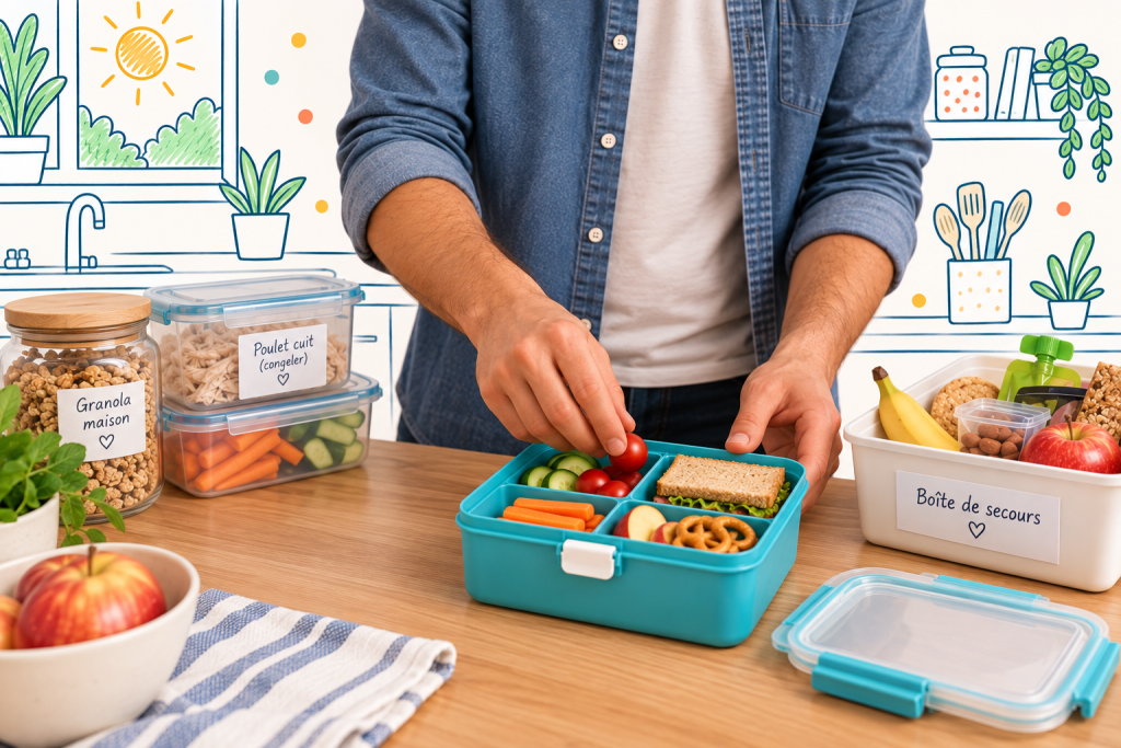 Préparation d’une boîte à lunch avec des collations simples et des aliments préparés à l’avance dans une cuisine familiale.