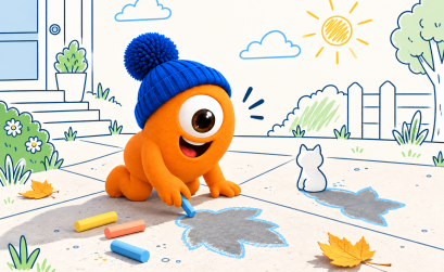 Pompon dessine à la craie les ombres d’objets au soleil lors d’une activité en plein air.