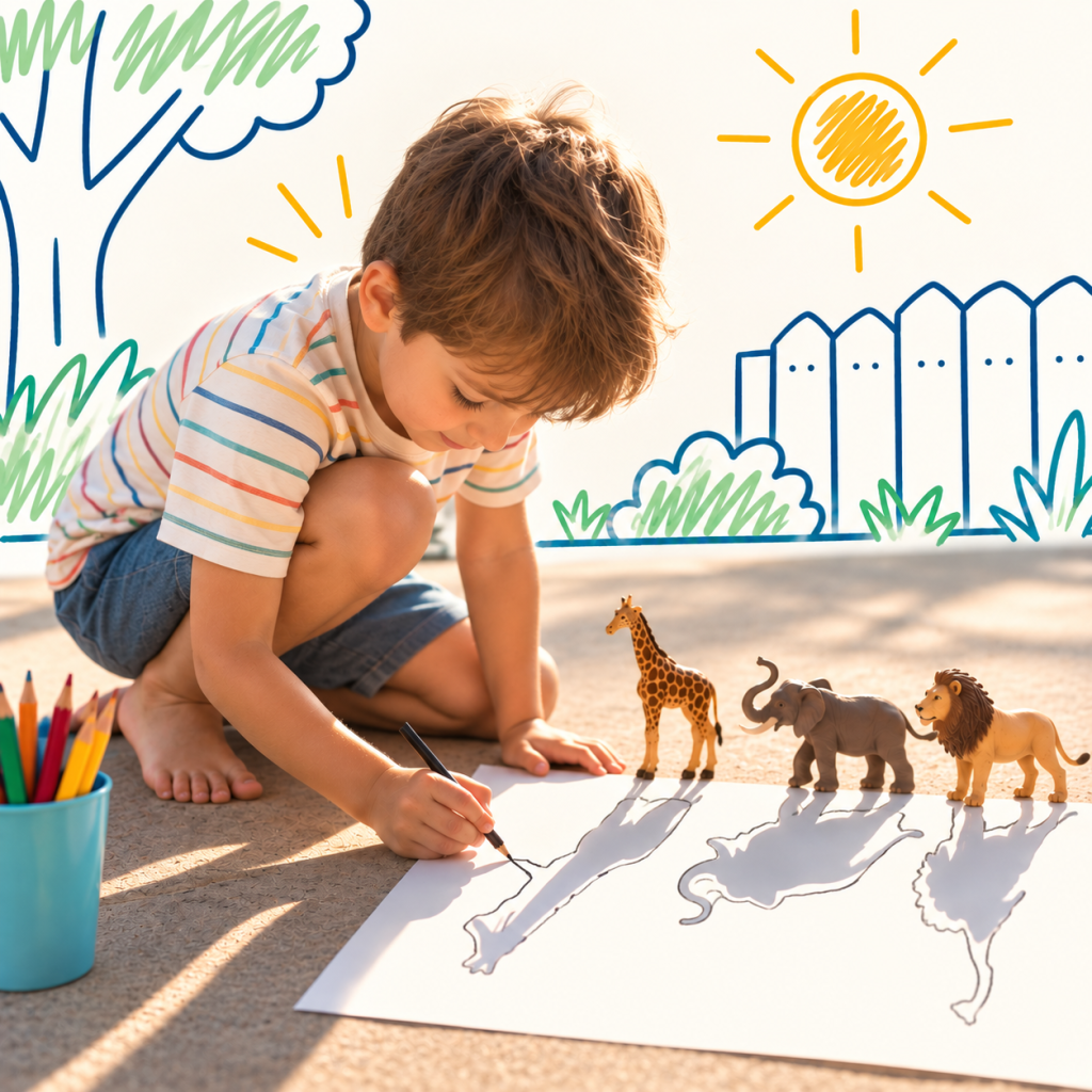 Un enfant trace sur une feuille les ombres de petits animaux projetées par le soleil.