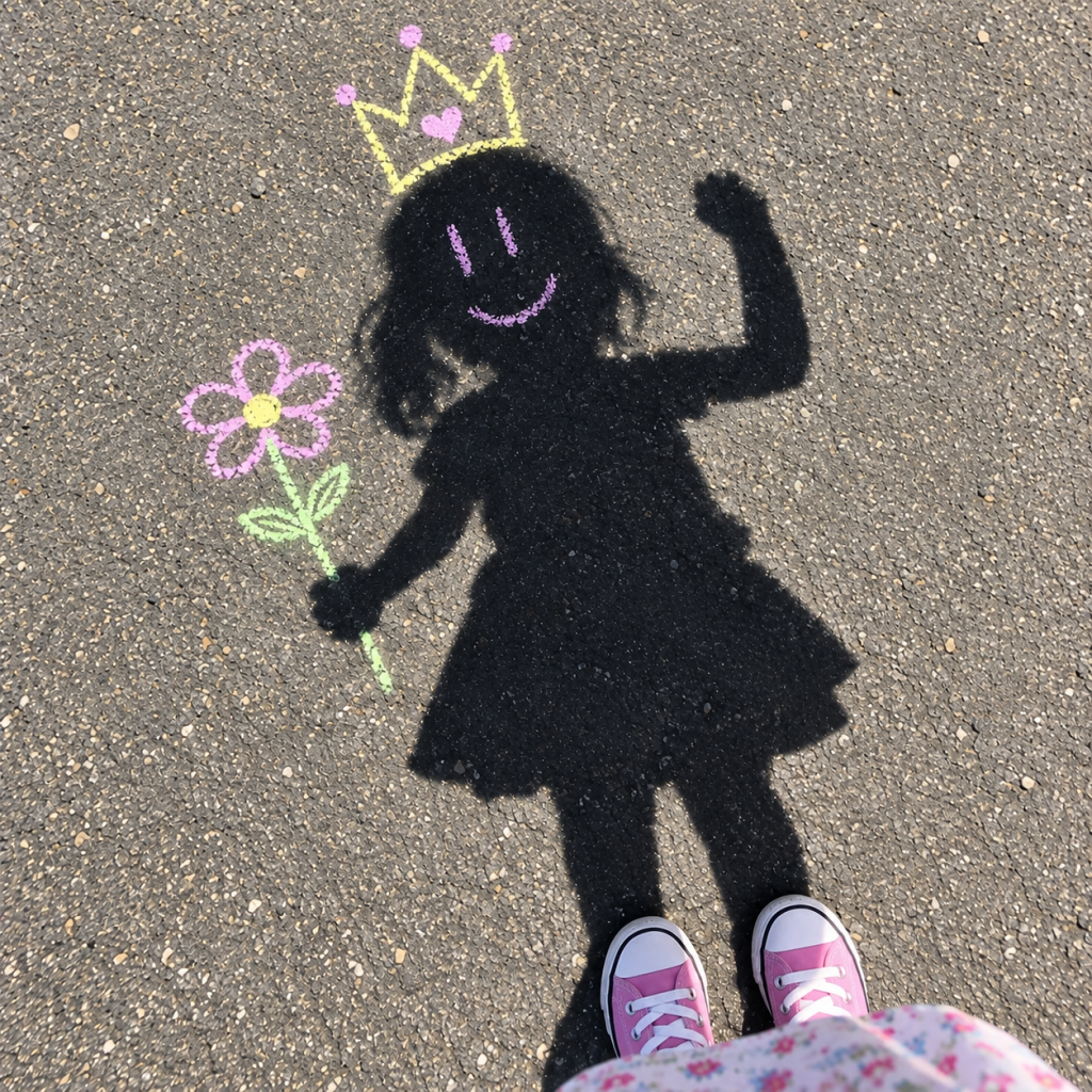 Ombre d’une enfant décorée à la craie avec une couronne de princesse, un sourire et une fleur.
