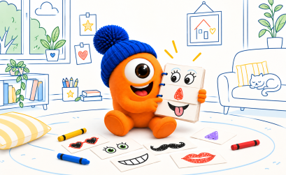 Pompon présente un livre de visages rigolos à fabriquer avec les enfants.