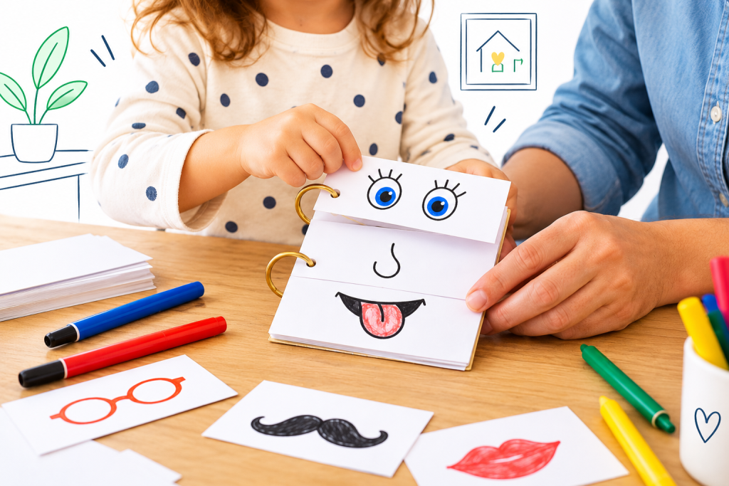 Enfant et adulte créant ensemble un livre de visages rigolos avec des yeux, un nez et une bouche interchangeables.