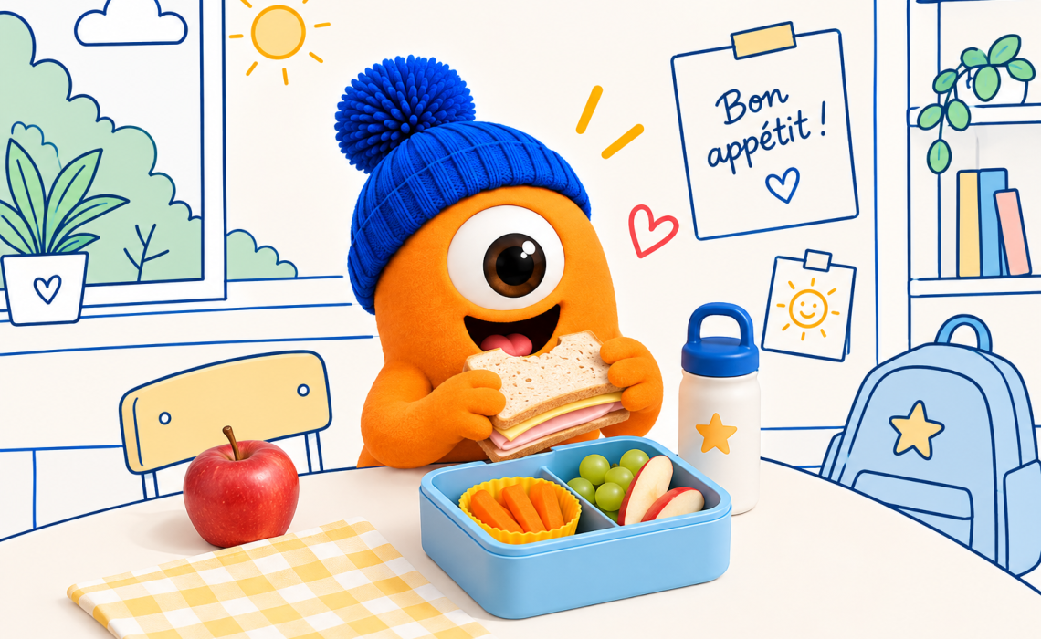 Pompon tient un sandwich à l’école, avec une boîte à lunch remplie de fruits sur la table.