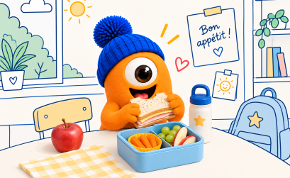 Pompon tient un sandwich à l’école, avec une boîte à lunch remplie de fruits sur la table.