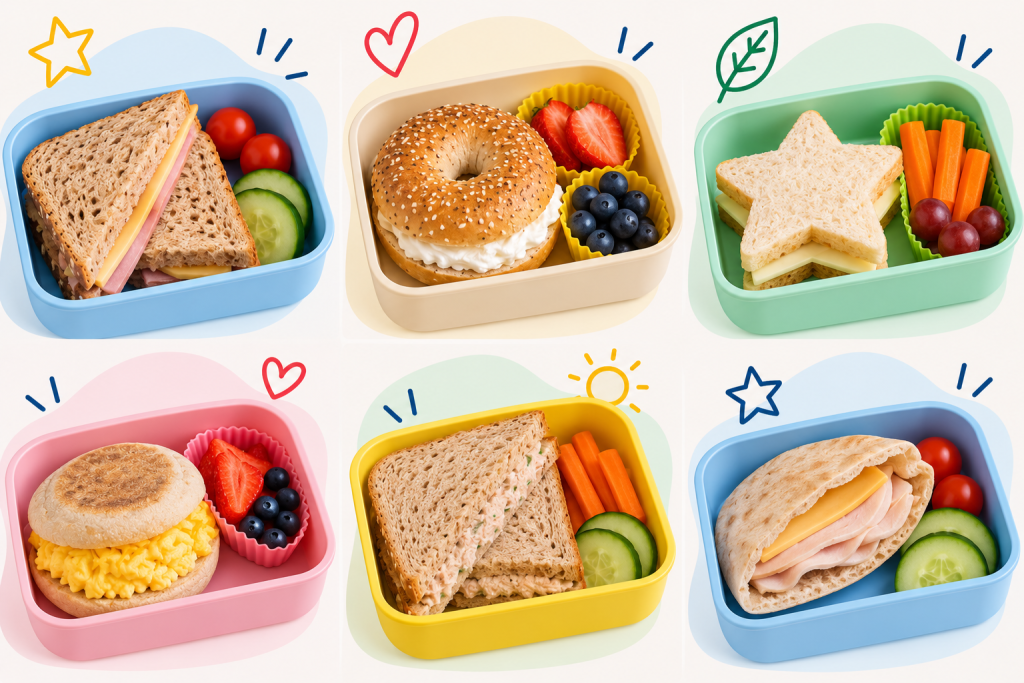 Sélection de sandwichs simples pour la boîte à lunch, préparés avec différents pains et garnitures comme jambon, fromage, poulet, œufs et thon.