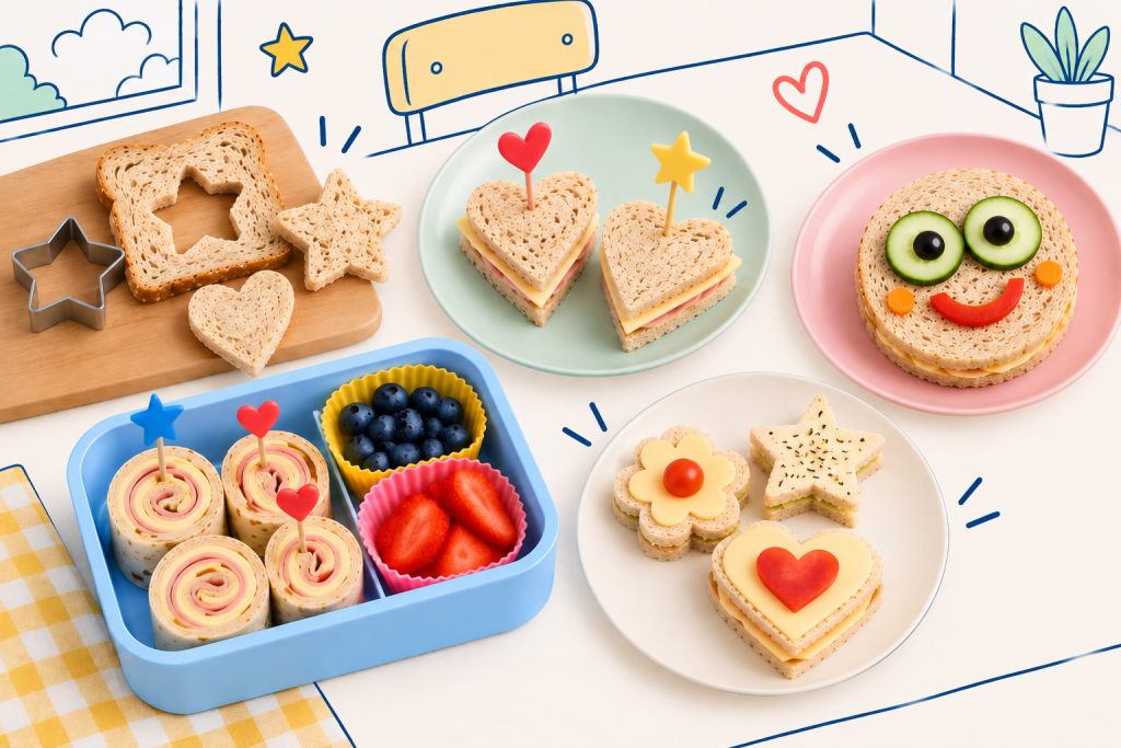 Sandwichs pour enfants présentés en formes de cœur, étoile et fleur, avec des mini-piques, des fruits et un sandwich décoré comme un visage.