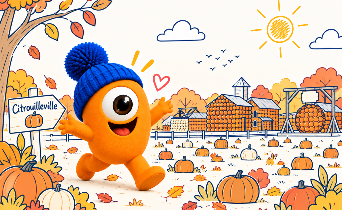 Pompon découvre Citrouilleville au milieu des citrouilles et des couleurs d’automne.