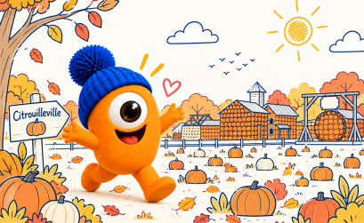 Pompon découvre Citrouilleville au milieu des citrouilles et des couleurs d’automne.