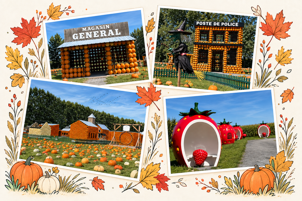 Montage de photos de Citrouilleville montrant des bâtiments décorés de citrouilles, un champ de citrouilles et des installations en forme de fraises, entourés d’illustrations aux couleurs de l’automne.