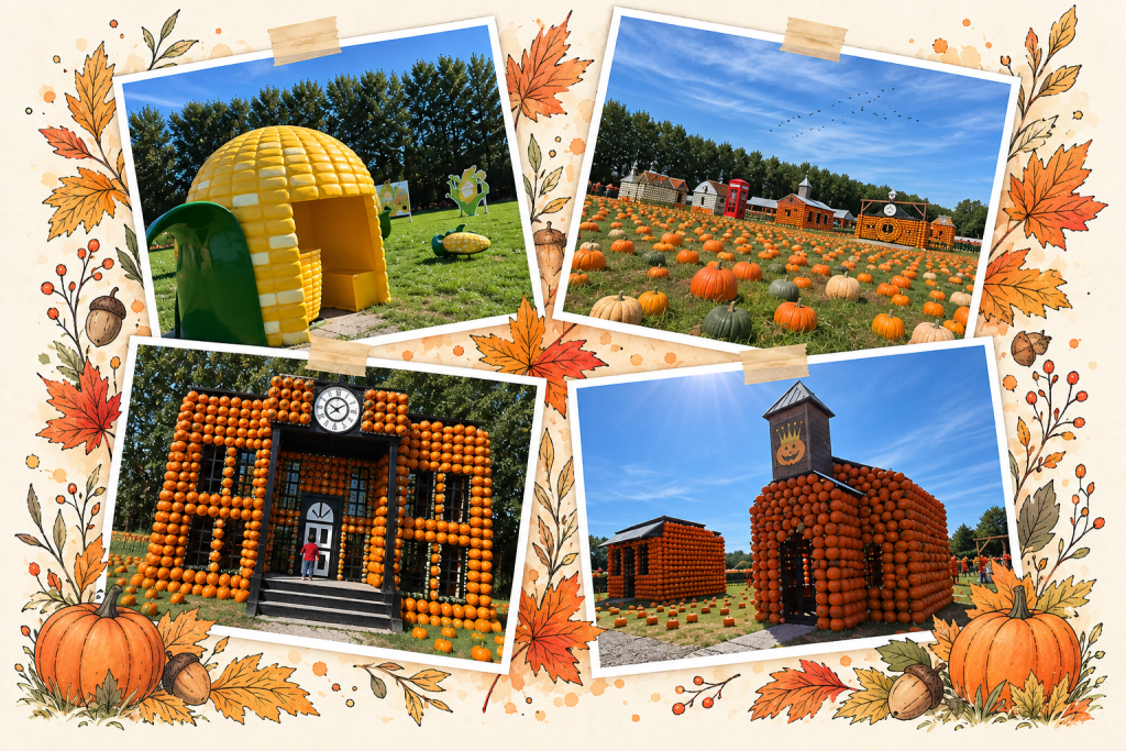 Montage de photos de Citrouilleville avec un champ de citrouilles, une maison en forme de maïs et plusieurs bâtiments construits avec des citrouilles, entourés d’illustrations aux couleurs de l’automne.