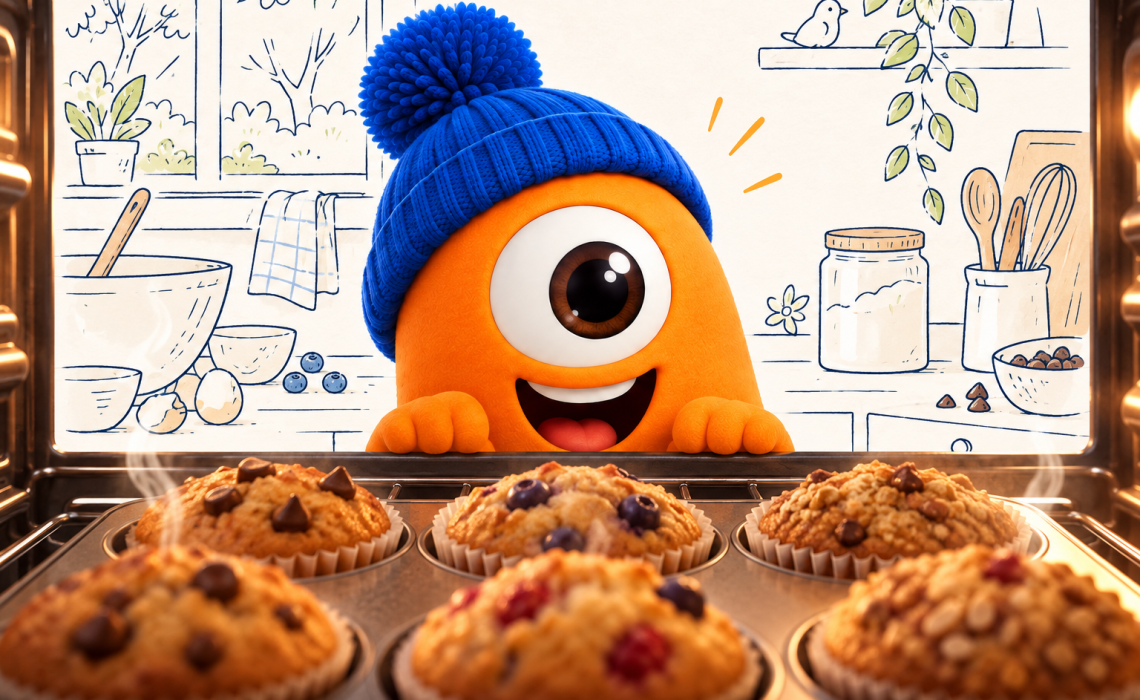 Pompon regarde des muffins aux fruits et au chocolat cuire dans le four, dans une cuisine illustrée en line art.